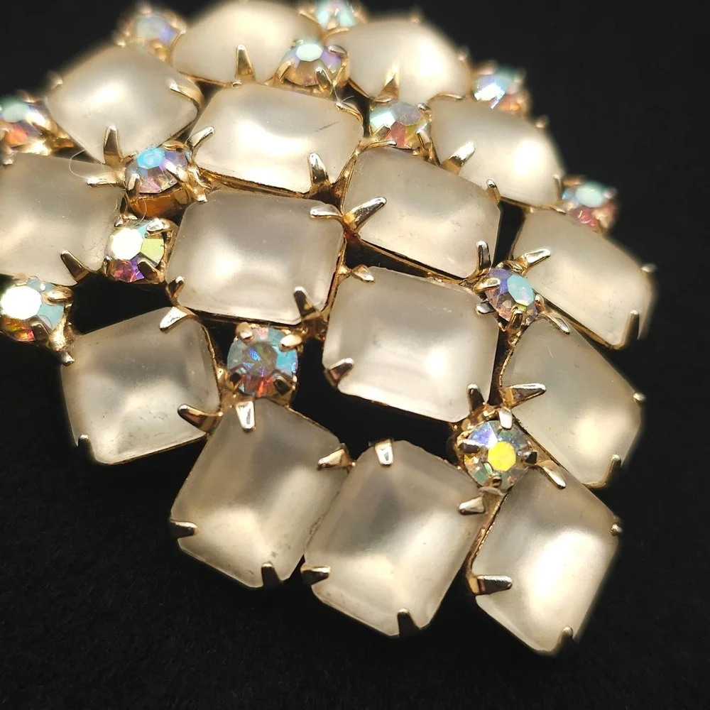 Vtg Frosted Glass Aurora Borealis Rhinestone Brooch Statement Gold Tone Wedding